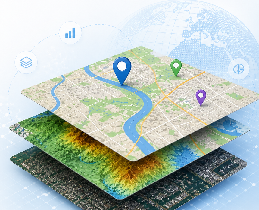 Layered GIS maps with markers and globe